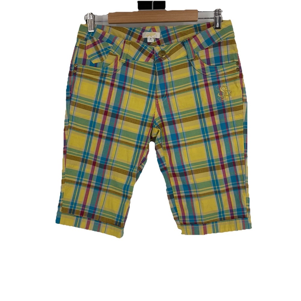 Y2K Southpole Womens Bermuda Shorts‎ 9 Yellow Plaid Logo Colorful Beach Preppy